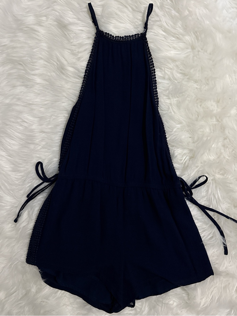 Navy Crochet-Trim Halter Romper